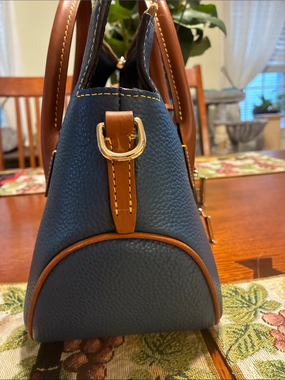 Dooney & Bourke Blue Pebbled Leather Satchel with Brown Trim and Gold Charm - Picture 7 of 9
